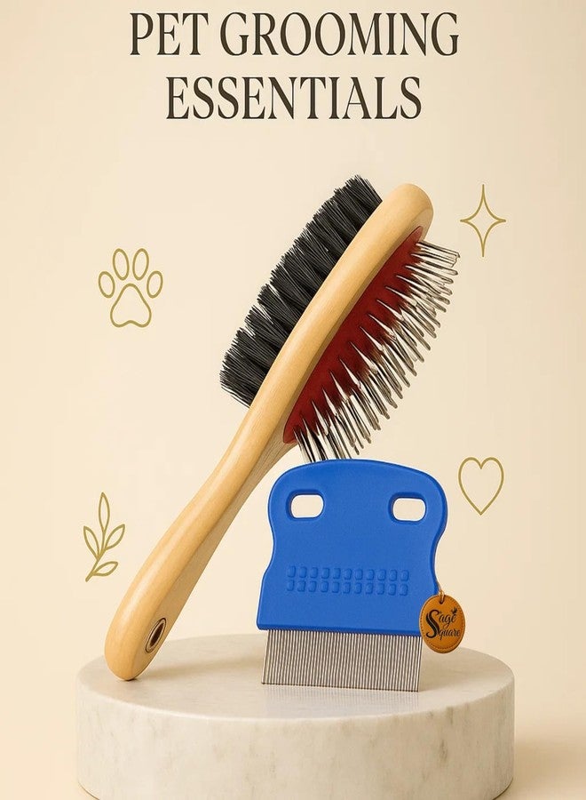 Sage Square Wooden Double Sided Pet Brush Comb | One Side with Soft Bristles, Other with Steel Pins Combo with Palm-Size Fine Pin Flea Comb | Grooming Kit for Dogs & Cats | Detangles, Removes Fleas - Image 2